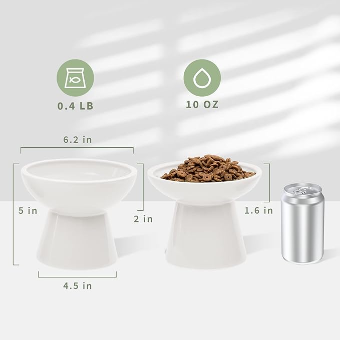 2 Elevated Ceramic Cat Bowls Extra Wide for Food & Water – Whisker Fatigue Shallow Food Dish, Lead & Cadmium-Free, Raised Height for Cats and Dogs, Two Different Depth Bowls, White