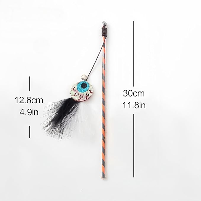 Walfront 4PCS Halloween Cat Toys, Wand Teaser Toys with Bells, Pumpkin, Ghost, Eyeball and Skull, Kitten Interactive Toys, Plush Kitten Plaything Gift Set