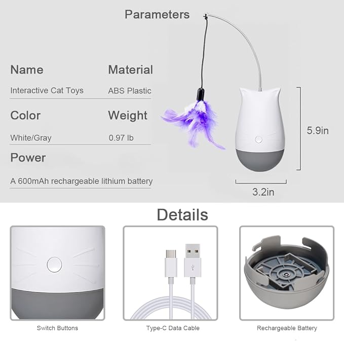 DOEL Interactive Cat Toys for Bored Indoor Adults Cats with 2 Models, Rechargeable Automatic Feather Kitten Toy, Tumbler Design, Electric Exercise Gift, Moving Stimulation to Chase and Hunting