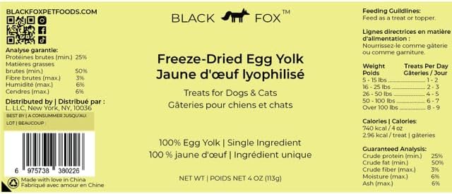 BLACK FOX Freeze-Dried Chicken Egg Yolk Dog Treats | Topper | Cat Treats | 4oz Single Ingredient, Raw, Healthy, All Natural, Human Grade, Digestion & Hairball Control