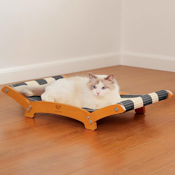 Extra-Larger Sisal Cat Scratcher Bed, Durable Cat Scratching Post with Hammock for Indoor Cats Lounger & Sleep & Scratch, Natural Sisal Cat Scratch Pad, Sturdy Solid Wood Frame (BeigeBlack)