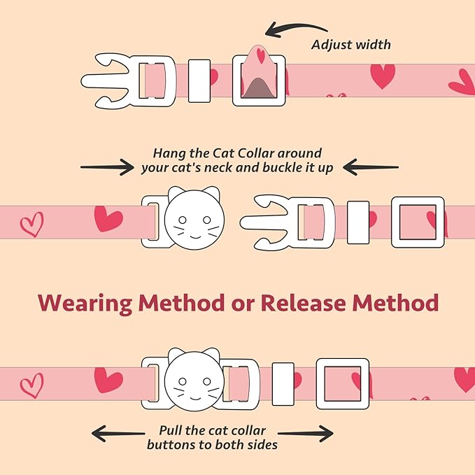 2 Pack Cotton Breakaway Cat Collar Pink and Gray Heart Shaped Pendant Cute Kitten Cat Collar with Bell