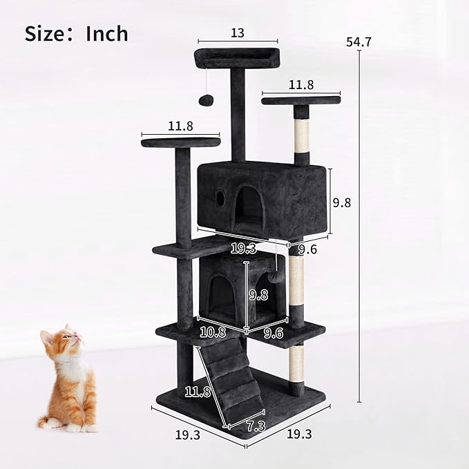 PayLessHere Cat Tree 54in Cat Tower with Cat Scratching Post,Multi-Level Cat Condo Stand House Furniture Kitty Activity Center with Furry Ball Toys Cat Tree for Indoor Cats (54in, Dark Grey)