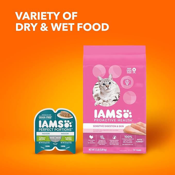 Iams IAMS PROACTIVE HEALTH Adult Sensitive Digestion & Skin Dry Cat Food with Real Turkey Cat Kibble, 3 lb. Bag