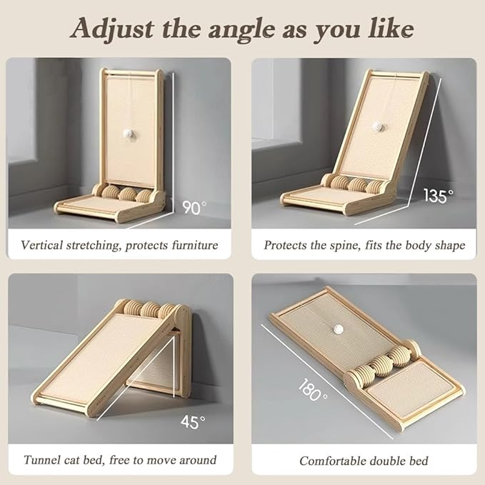 L Shaped Cat Scratching Post with Ball Toys, Sisal & Wooden Base Cat Scratcher Ramp for Indoor Cats, 23.6" Tall Durable Cat Scratch Pad for Wall and Couch Protection (Natural)