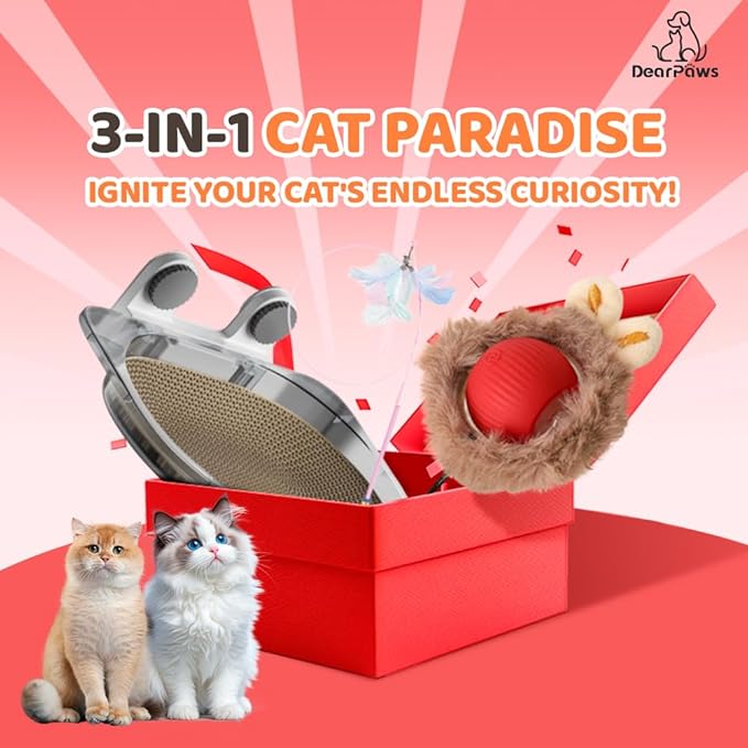 3-in-1 Cat Toy and Cat Window Perch, Window-Mounted Hammock with Scratching Board, Interactive Teaser Wand, Smart Ball with LED Lights
