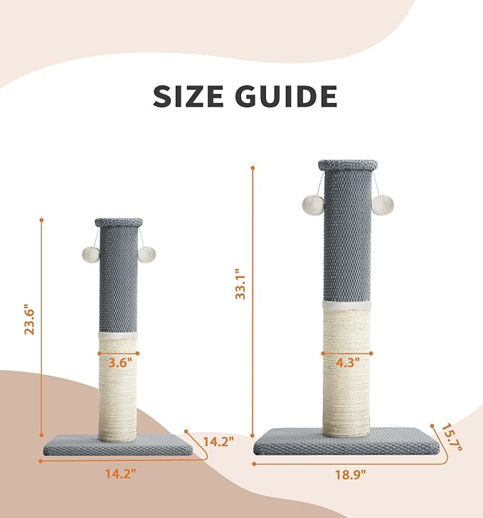 Made4Pets Tall Cat Scratching Post, Heavy Duty and Thicker Scratching Posts for Indoor Cats Adults, 23.6" Natural Sisal Cat Scratcher with Hanging Balls, Sturdy Base Cat Scratch Post, Light Grey