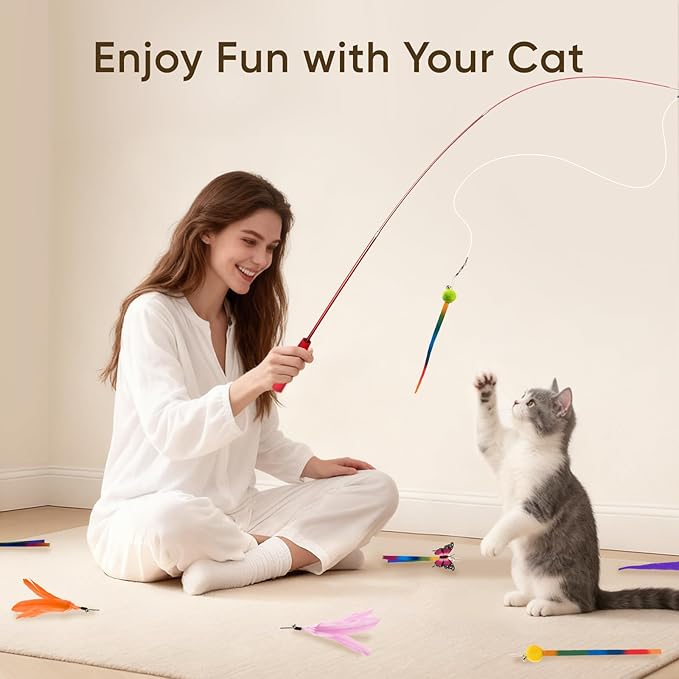 Cat Toys for Indoor Cats, 13 Packs Interactive Cat Wand Toy Set with Feather&Ribbon Refills, Feather Toys for Exercise, Playtime and Boredom Relief with Kitten