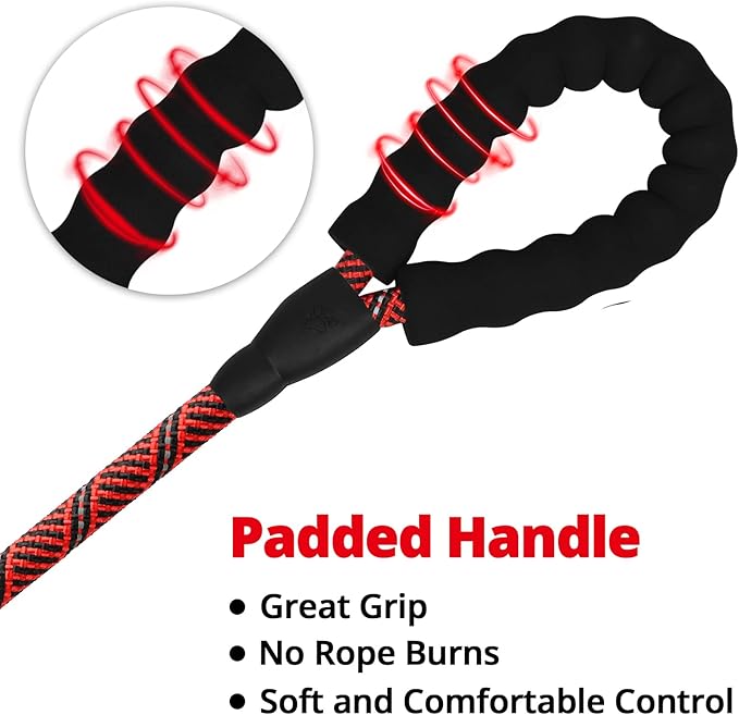 Rope Dog Leash 6 FT: Heavy Duty Leashes with Swivel Lockable Hook Reflective Threads Bungee and Padded Handle - Dog Lead for Large Small Medium Dogs Outside Walking Hiking Red Black