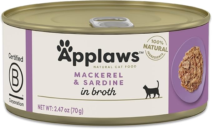 Applaws Natural Wet Canned Cat Food, Limited and Natural Ingredients, High Protein with No Artificial Additives, Mackerel & Sardine in Broth (24 x 2.47oz Cans)