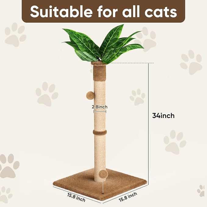 XiaZ Cat Scratching Post 34'' Tall, Cat Scratchers Tree Tower for Indoor Kitty with Extra Wide 15.8" Stable Base and 2 Toy Balls, Natural Sisal & Plush Fabric for Small, Medium Cats (Brown, 2.8in)