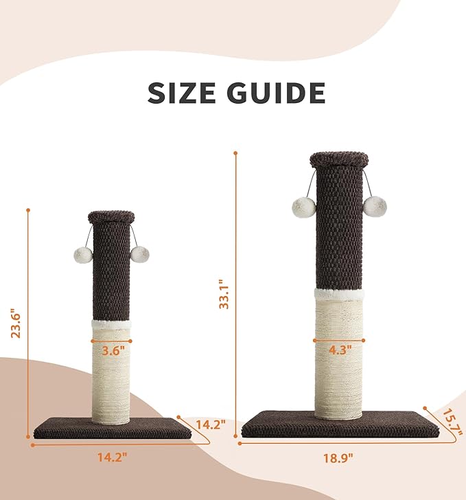 Made4Pets Tall Cat Scratching Post, Heavy Duty and Thicker Scratching Posts for Indoor Cats Adults, 33" Natural Sisal Cat Scratcher with Hanging Balls, Sturdy Base Cat Scratch Post, Brown