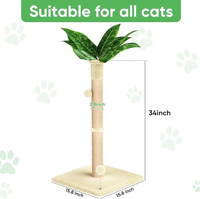 XiaZ Cat Scratching Post 34'' Tall, Cat Scratchers Tree Tower for Indoor Kitten with Extra Wide 15.8" Stable Base and 2 Toy Balls, Natural Sisal & Plush Fabric for Small, Medium Cats (Beige, 2.8in)