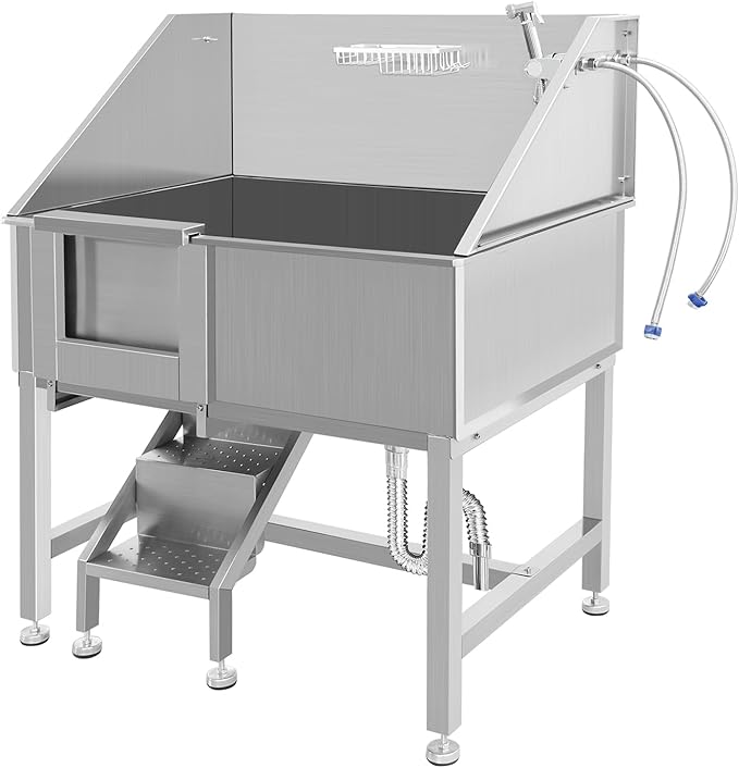 38" Stainless Steel Dog Washing Stations for Large Dogs, Pet oming Tub for Home, Professional Pet Bathtub Bathing Station, Cat Wash Station, Dog Shower Tub with Stairs, Drain & Door,L-Door