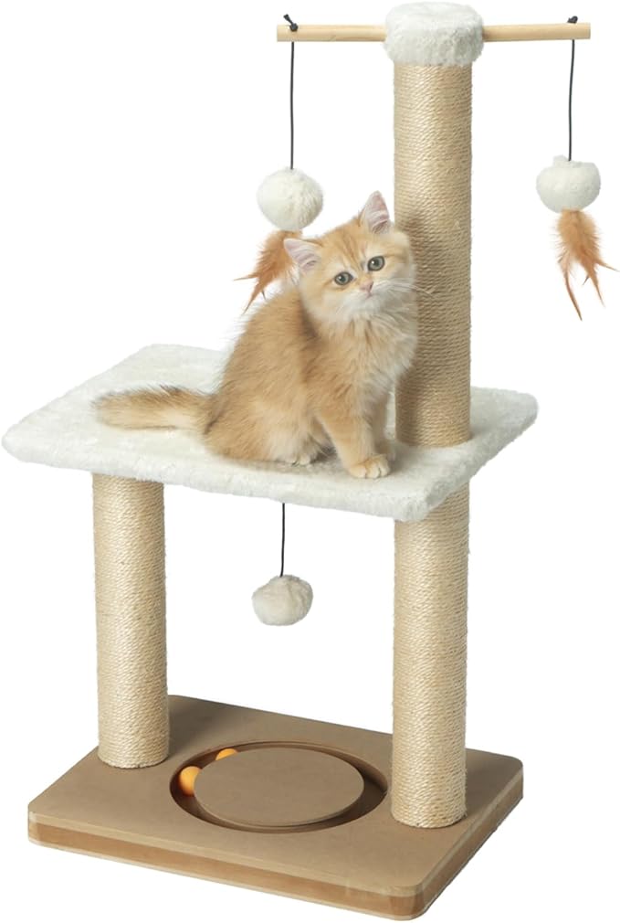 PEEKAB Cat Scratching Post 31in Tall Sisal Scratch Posts with Perch Tracking Interatcive Toys Vertical Scratcher for Indoor Cats and Kittens,Three Hanging Ball Self Massage Brush Beige