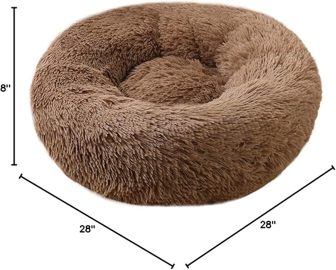 BODISEINT Faux Fur Dog Bed Cat Bed,Shag Round Anti-Anxiety Pet Calming Bed Doughnut Cuddler for Medium Large Puppy Dog Cat Kennel Cushion Self Warming Bed (28'' D x 8'' H, Coffee)