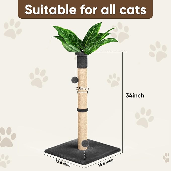 XiaZ Cat Scratching Post 34'' Tall, Heavy Duty Cat Tree Tower for Indoor Kitty with Extra Wide 15.8" Stable Base and 2 Toy Balls, Natural Sisal & Plush Fabric for Small, Medium Cats(Dark Gray, 2.8in)