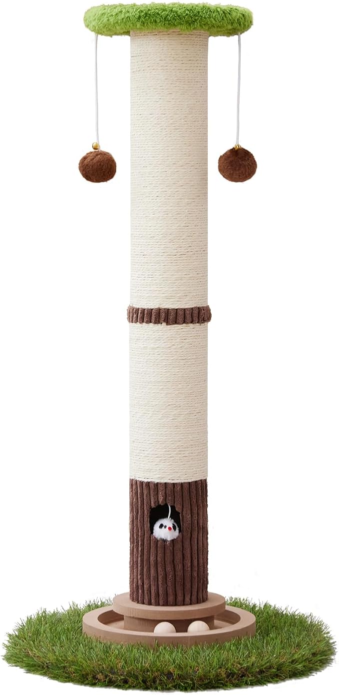 34inches Tall Cat Scratching Post with Cat Ball Track Toy Heavy Duty and Thicker Large Diameter Natural Sisal Cat Scratcher Post for Indoor Cats Protect Your Furniture
