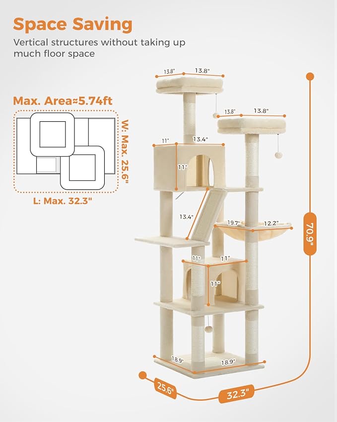 Tall Cat Tree 70.9", Large Cat Tower for Indoor Cats, Multi-Level Plush Cat Condo with 6 Scratching Posts, 2 Scratching Boards, 2 Perches, 2 Caves, Hammock, 2 Pompoms, Beige