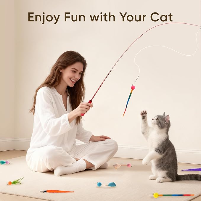 Cat Toys for Indoor Cats, 11 Packs Interactive Cat Wand Toy Set with Feather Toys&Ribbon Refills,Retractable Cat Wand with Bell Refills for Kittens Play and Exercise