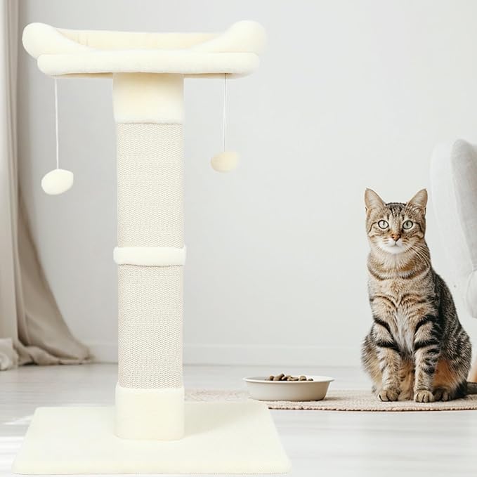 34" Cat Scratching Post for Indoor Cats, Sisal Cat Scratcher with Large Plush Perch, Vertical Posts with Elevated Bed and with Two Dangling Balls, Removable & Washable Cover, Beige White
