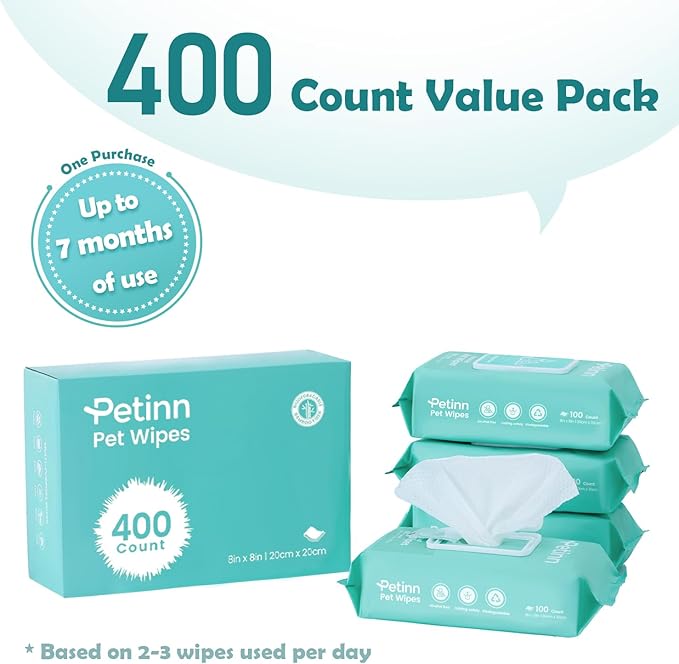 Dog Wipes for Paws Ears Eyes Cleaning, Pet Wipes Unscented Grooming Wipes with Bamboo Fiber for Dogs and Cats, Puppy Kitten Bath Wipe, Hypoallergenic, Lick Safe 400 Count (8"x8")