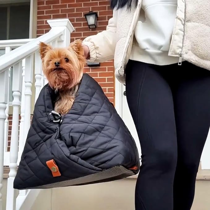 4 Cats & Dogs Mew Mew Travel Pet Bed – Soft Carrier for Small Dogs & Cats, Water-Resistant Quilted Shell, Adjustable Belts for Car Travel, Anti-Slip Bottom, Portable Pet Bed & Travel Bag - Black