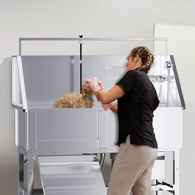 46" Dog Washing Station, Professional Stainless Steel Dog Bathtub w/Ramp & Storage Drawer, Adjustable Grate, Non-Slip Design, Perfect for Home Grooming & Large Dogs (46" Left Ramp)