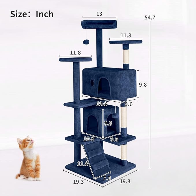 PayLessHere Cat Tree 54in Cat Tower with Cat Scratching Post, Multi-Level Cat Condo Stand House Furniture Kitty Activity Center with Furry Ball Toys for Indoor Cats (Navy Blue)
