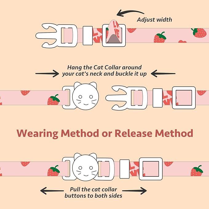 2 Pack Cotton Breakaway Cat Collar Pink Strawberries and White Heart Shaped Pendant Cute Kitten Cat Collar with Bell