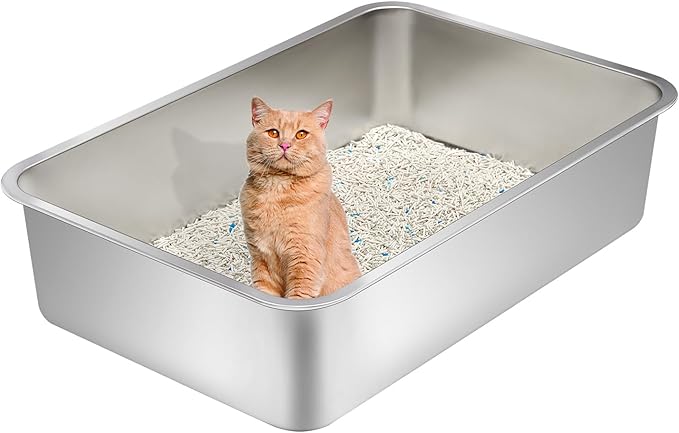 Kichwit Extra Large Stainless Steel Cat Litter Box with High Sides, Easy to Clean, Smooth Surface, Rust Resistant, 23.6" x 15.7" x 10" (with Lid)