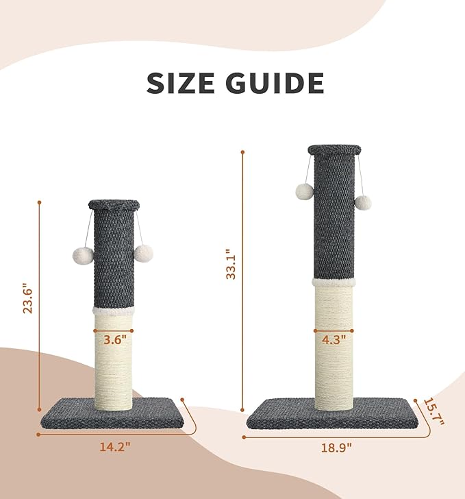 Made4Pets Tall Cat Scratching Post, Heavy Duty and Thicker Scratching Posts for Indoor Cats Adults, 33" Natural Sisal Cat Scratcher with Hanging Balls, Sturdy Base Cat Scratch Post, Dark Grey