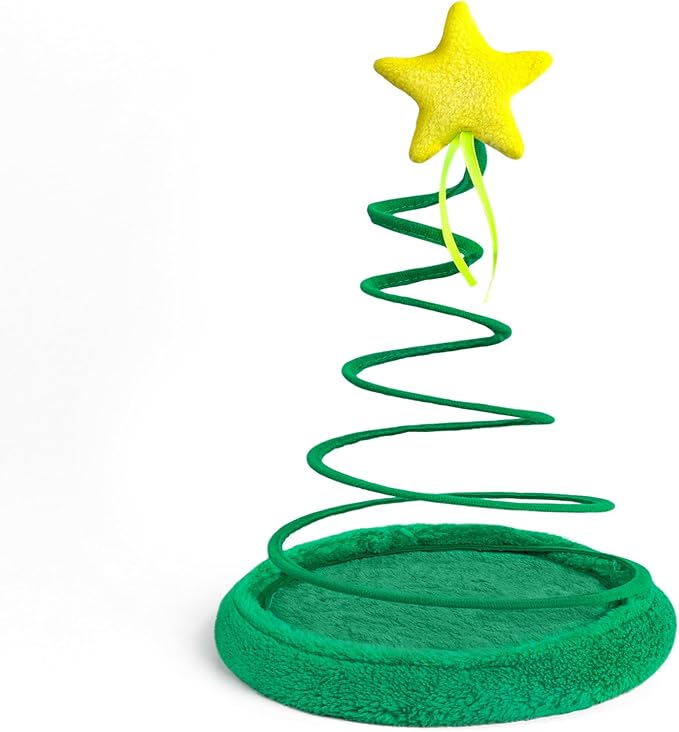 PAWISE Christmas Tree Cat Toy with Spiral Spring Plate – Interactive Plush Teasing Toy for Indoor Cats & Kittens, Holiday Fun & Active Play