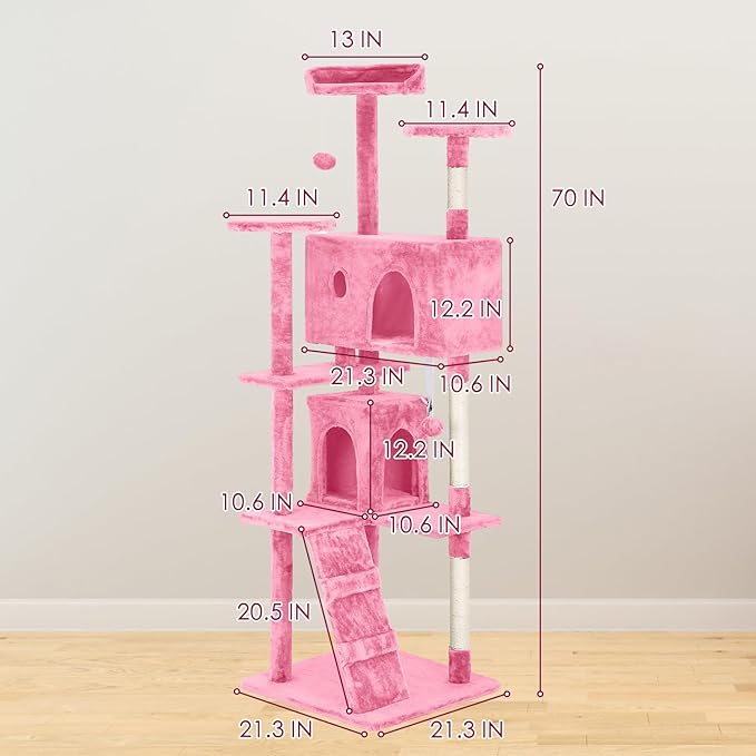 PayLessHere Cat Tree 70in Tower with Scratching Post, Multi-Level Cat Condo Stand House, Kitty Activity Center with Furry Ball Toys, Pink