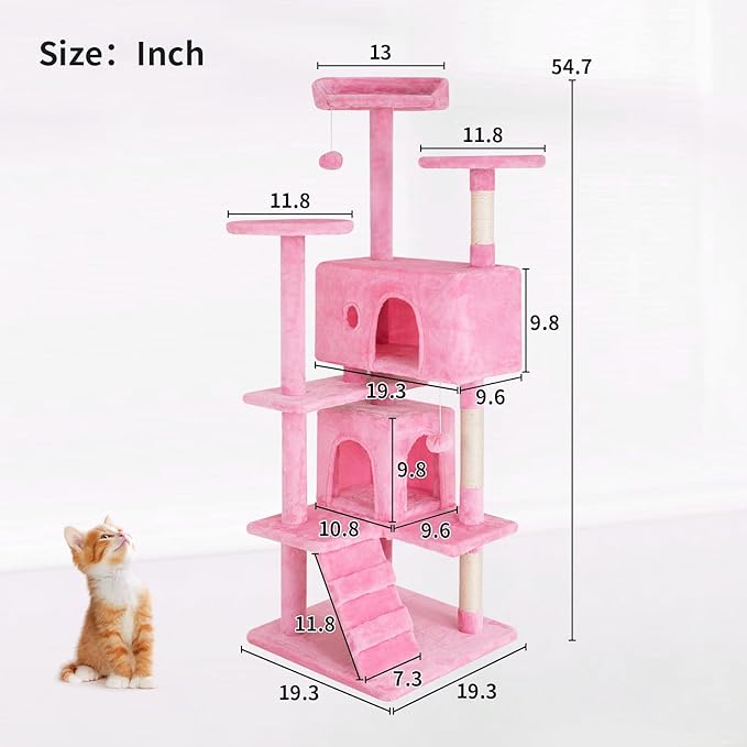 PayLessHere Cat Tree 54in Cat Tower with Cat Scratching Post, Multi-Level Cat Condo Stand House Furniture Kitty Activity Center with Furry Ball Toys for Indoor Cats (Pink)