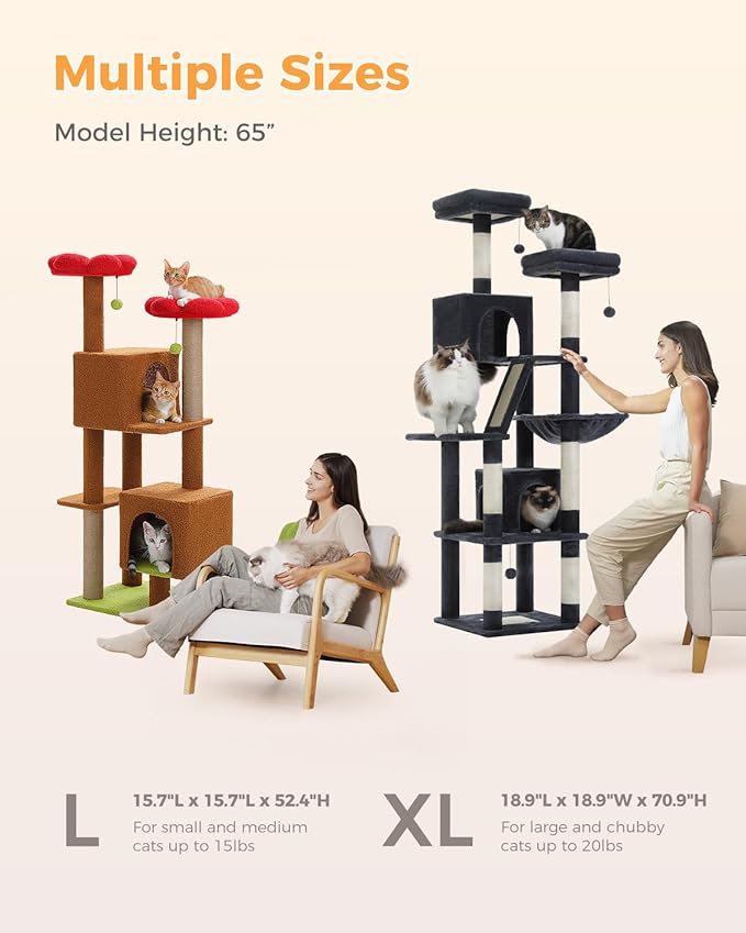 Cat Tree for Indoor Cats, 52.4" Tall Cat Tower with 2 Flower Perches, 2 Cozy Condos & 2 Sisal Scratching Posts - Multi-Level Kitty Climbing Furniture, Pet Playhouse for Adult Cats, Brown/Red