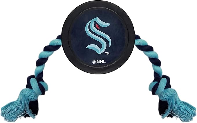 Pets First Rubber Dog Toy - NHL Seattle Kraken Ice Hockey Puck PET Toy with Heavy-Duty TUG Ropes. A Tough Toy for Dogs & Cats in a Hockey Puck Shape with Vibrant Team Logo. Great Dental Pet Rope Toy