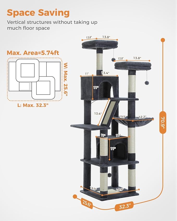 Tall Cat Tree 70.9"- Cat Tower with 6 Scratching Posts, Multi-Level Climbing Tower with 2 Condos, 2 Scratching Boards, 2 Top Beds & Hammock for Indoor Large Medium&Small Cats, Dark Gray