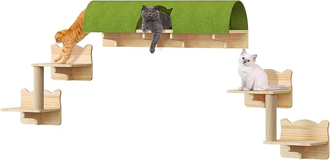 Cat Wall Shelves, 7-in-1 Solid Wood Wall-Mounted Cats Furniture Set with Scratching Post, Cat Climbing Wall Systems with 40''L Tunnel, Steps, Cats Shelf Furniture