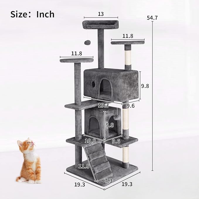 PayLessHere Cat Tree 54in Cat Tower with Cat Scratching Post,Multi-Level Cat Condo Stand House Furniture Kitty Activity Center with Furry Ball Toys Cat Tree for Indoor Cats, Light Gray