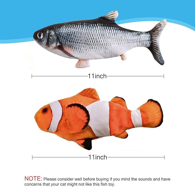 Interactive Cat Toys Flopping Fish with Catnip, Moving Cat Toys for Indoor Cats 2Pack, 11" Electric Automatic Kitten Kicker Exercise Toy, Wiggle SilverVine Floppy Fish for Small Dogs, Kitten