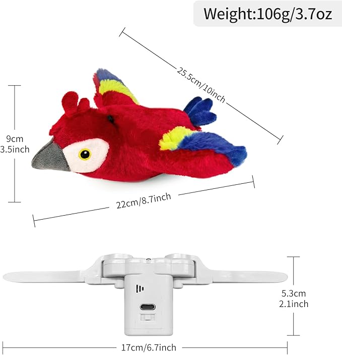 Interactive Flapping Bird Cat Toy with Catnip, Touch Activated Rechargeable, Musical Sound (can Turn Off), Satisfy Cat's Natural Huting Instinct, Soft Plush Washable Cover (Red)