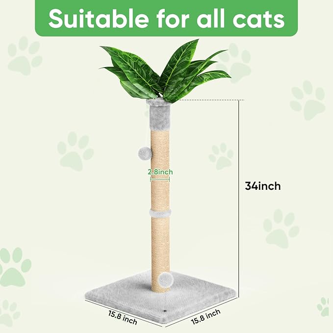 XiaZ Cat Scratching Post 34'' Tall, Heavy Duty Cat Tree Tower for Indoor Kitty with Extra Wide 15.8" Stable Base and 2 Toy Balls, Natural Sisal & Plush Fabric for Small, Medium Cats(Light Gray, 2.8in)