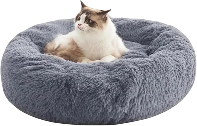 SALAN Round Donut Pet Bed, Calming Plush Cushion for Small Dogs and Cats, 20 Inch Washable Fluffy Indoor Bed with Anxiety Relief Support. (Brown)