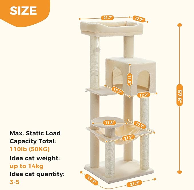 Large Cat Tree for Indoor Cats Large Adult, 57.8" Heavy Duty Cat Tower with Reinforced Scratching Posts (φ3.7in) and Plush Larger Hammock for Maine Coon & Big Cats, Supports 30lbs, Beige