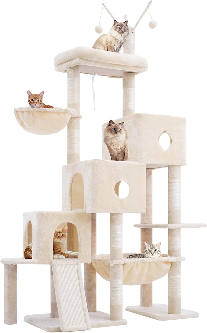 Hey-brother Cat Tree Tower, Scratching Posts with 3 Condos, Large Basket, Cozy Bed, Sisal Board, Step-by-Step Climbing Pathway and Toys, 74.8 inches Furniture for Big Indoor Cats, Beige MPJ081M