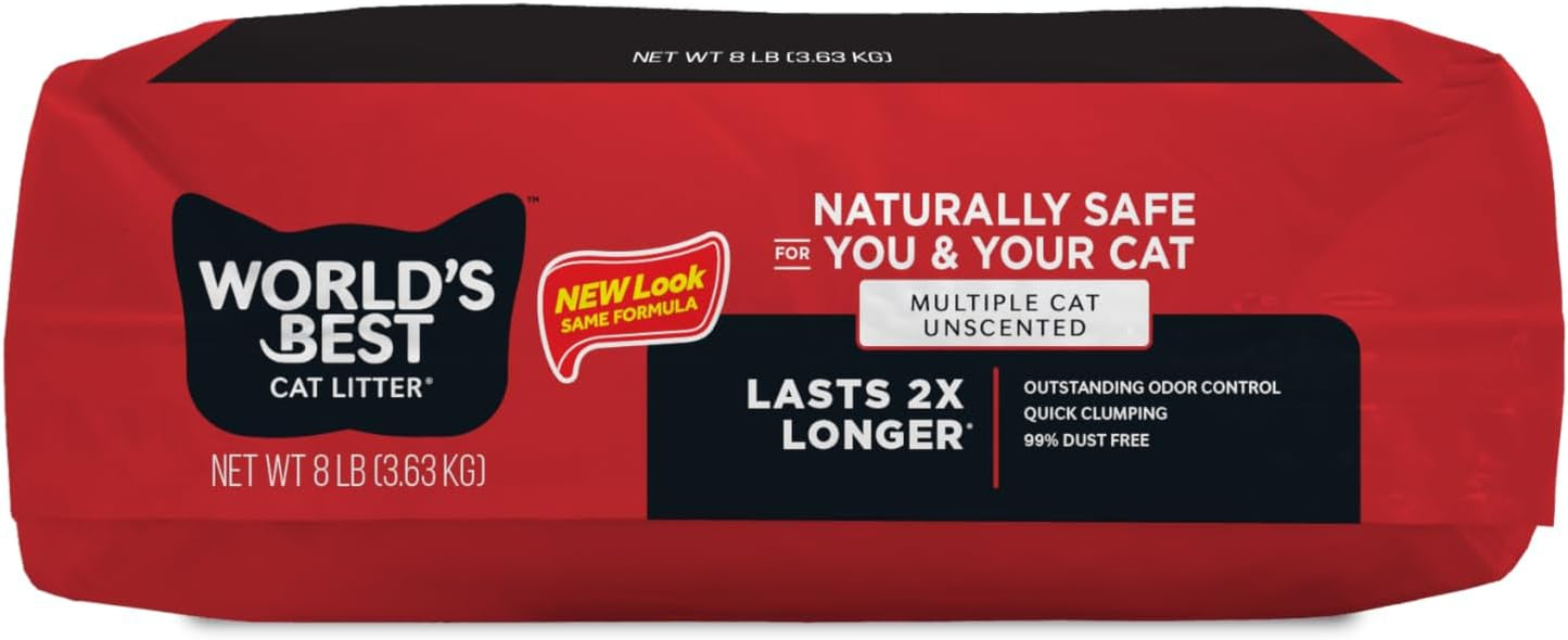 WORLD'S BEST CAT LITTER Multiple Cat Unscented, 8-Pounds - Natural Ingredients, Quick Clumping, Flushable, 99% Dust Free & Made in USA - Long-Lasting Odor Control & Easy Scooping