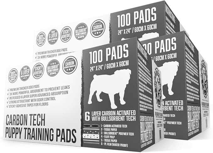 Bulldoglogy Premium Carbon Black Puppy Pee Pads with Adhesive Sticky Tape - Large Housebreaking Dog Training Wee Pads (24x24) 6 Layers with Extra Quick Dry Bullsorbent Polymer (300-Count)