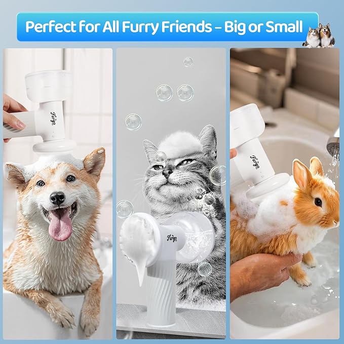Furgo Dog Bath Brush with Automatic Shampoo & Foam Dispenser, Soft Silicone Massage Brush for Deep Cleansing, Nourishing & Grooming, Rechargeable Cat Foam Sprayer for All Hair Types Pets