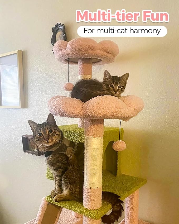 Flower Cat Tree, 70.9" Tall Tree for Indoor Cats, Large Tree for Large Cats, Multi-Level Tower with 6 Scratching Posts, 2 Condos, 2 Perches, Hammock, Pompoms, Pink